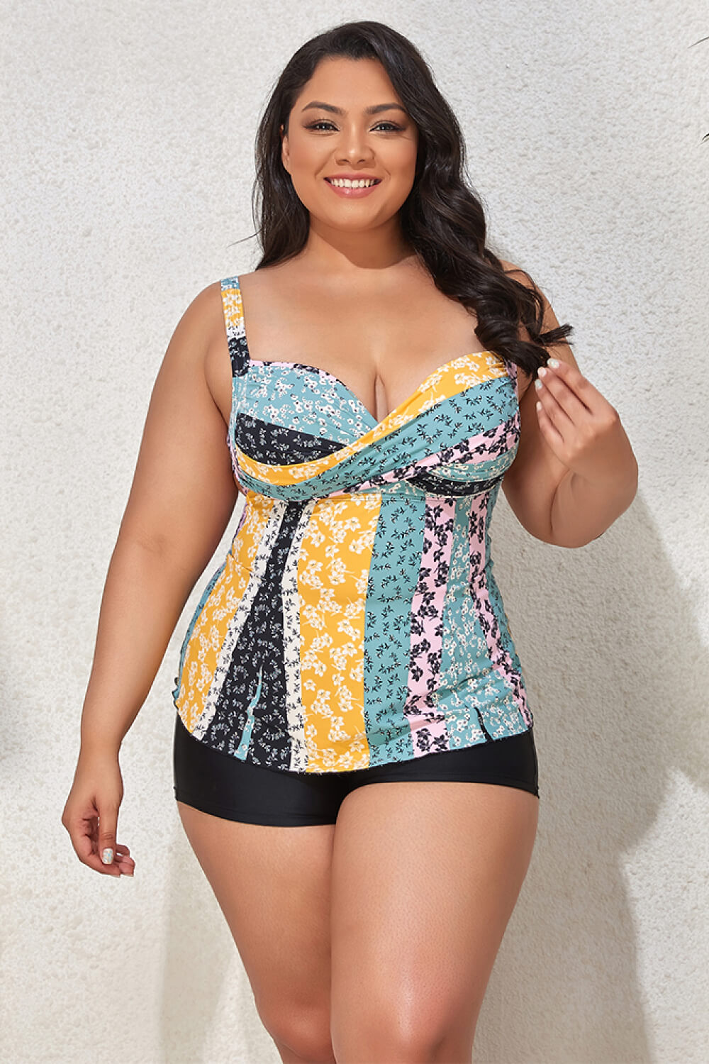 Plus Size Printed Cutout Halter Top and Bottoms Set