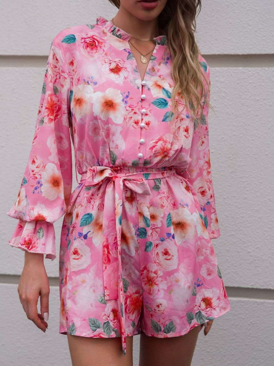Floral Playsuit with Flounce Sleeves and Tie-Waist Detail