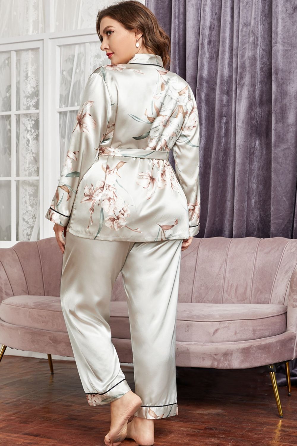 Plus Size Floral Lounge Set with Robe and Pants