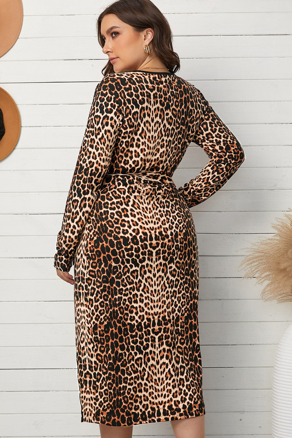Leopard Print Wrap Dress with Belt for Curvy Women