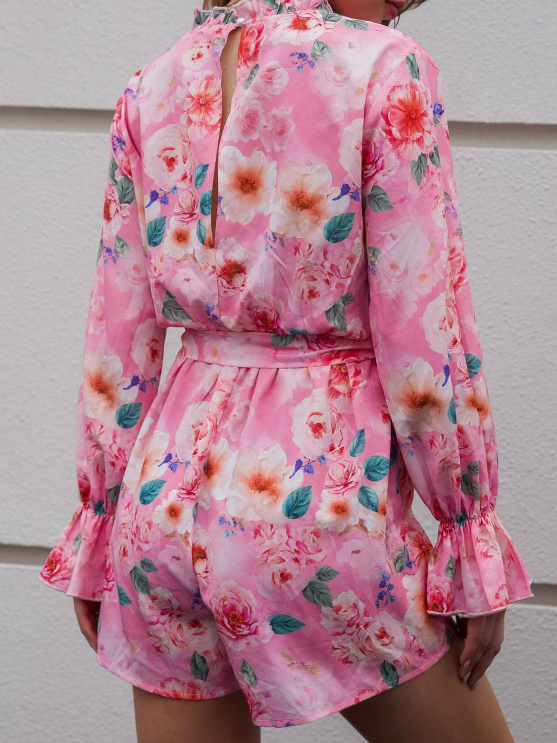 Floral Playsuit with Flounce Sleeves and Tie-Waist Detail