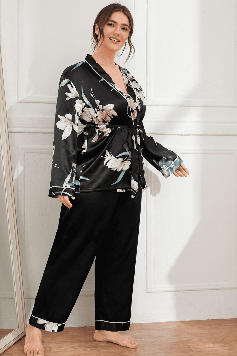 Plus Size Floral Lounge Set with Robe and Pants